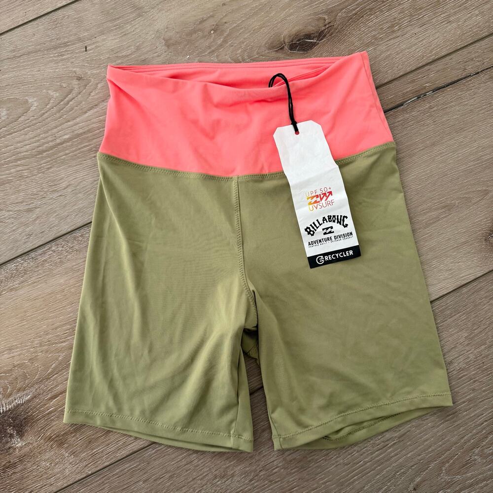 NWT Billabong Drifter Bike Shorts in Color Block Olive Green & Pink Size Small